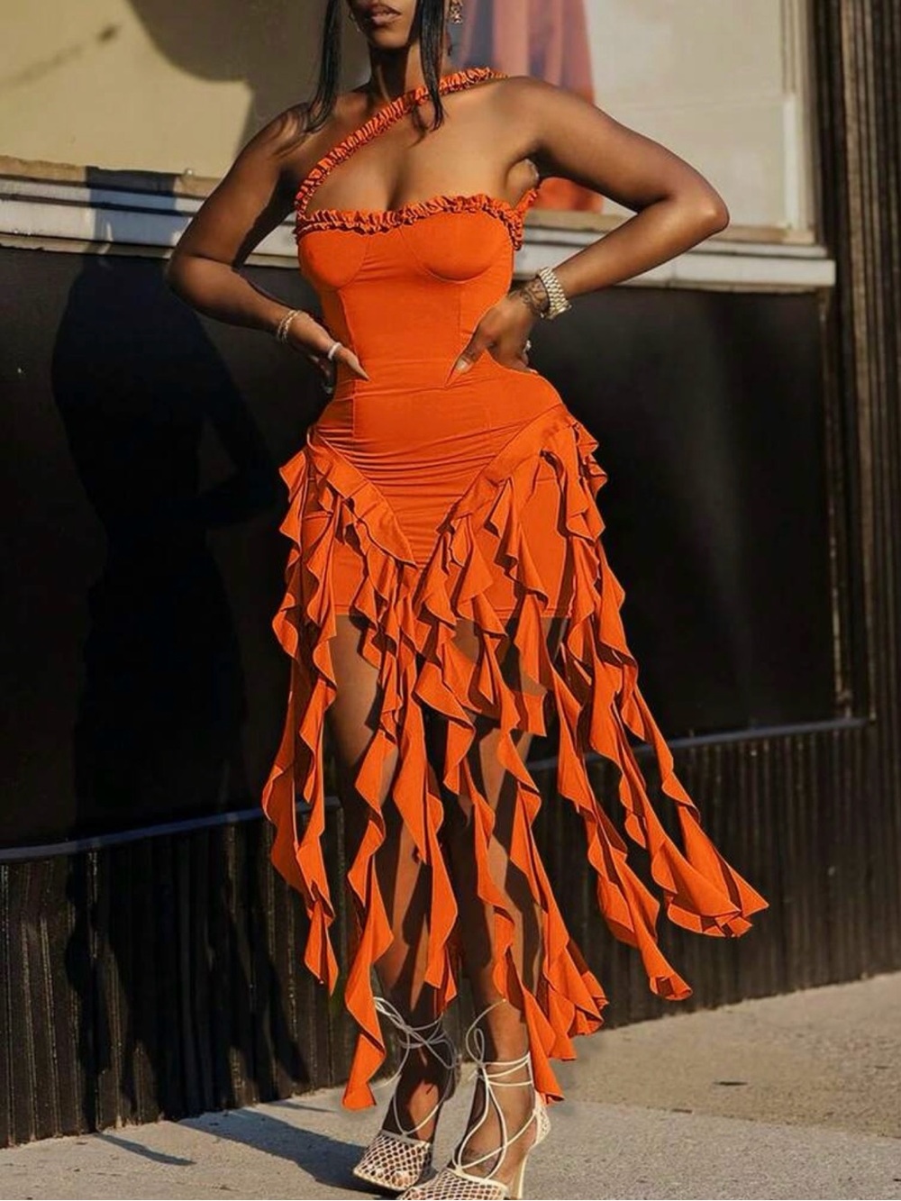 Strapless Orange Ruffle Cascade Dress - Picture 2 of 2